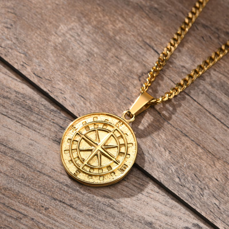 Colar Compass Masculino Dourado de Aço Inoxidável em Camadas: Estilo e Aventura