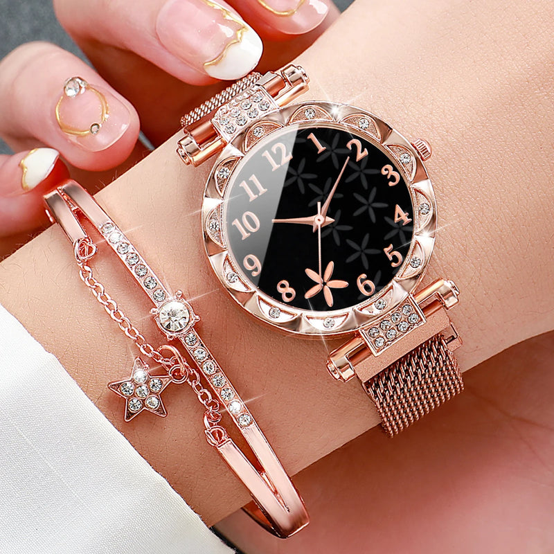 Conjunto Relógio Quartzo Floral e Pulseira com Estrela – Fleurawatch